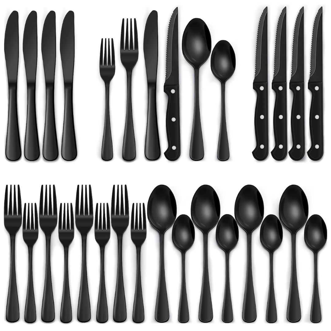 24-delige Bestekset voor Vier Personen met Steakmessen - Modern Zwart Bestek Set 0