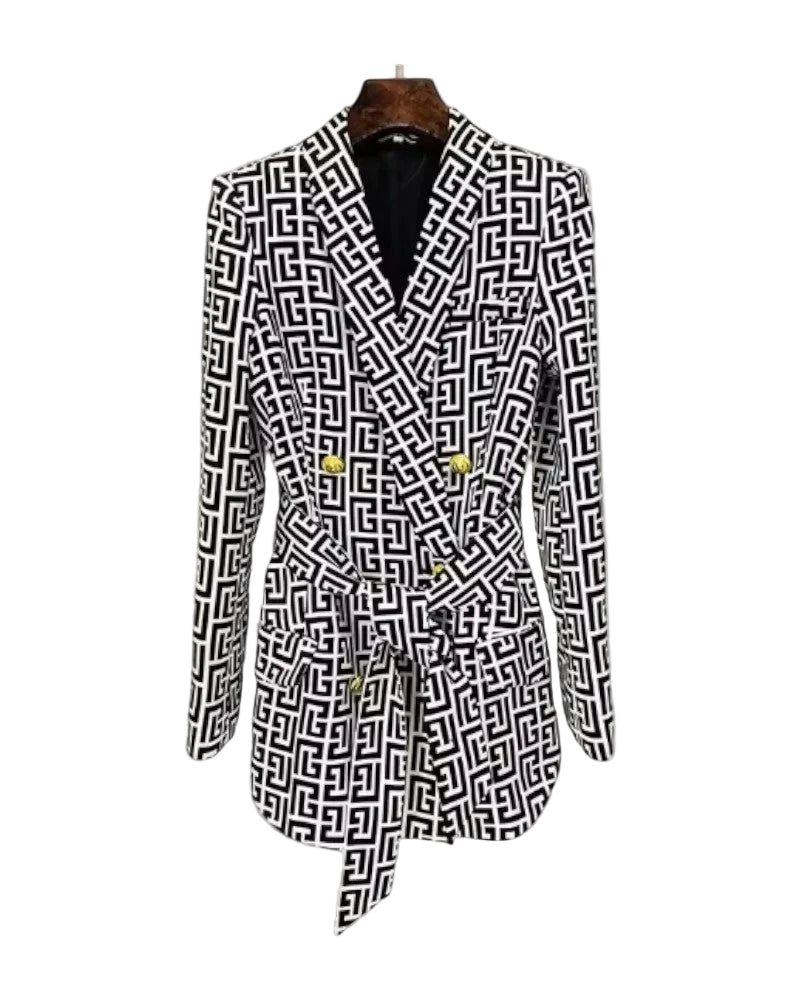 Dames Blazerjack Geometrische Print Met Riem 0