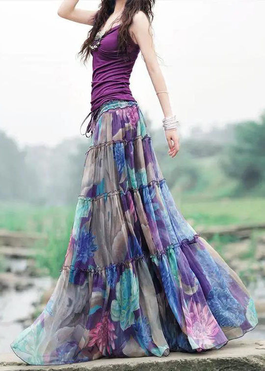 Dames Chiffon Rok met Trekkoord en Patchwork Print 0