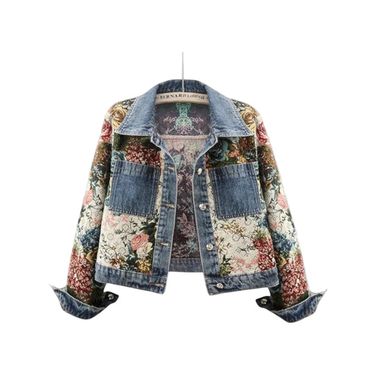 Dames Denim Jack met Bloemenpatchwork Boho-stijl 0