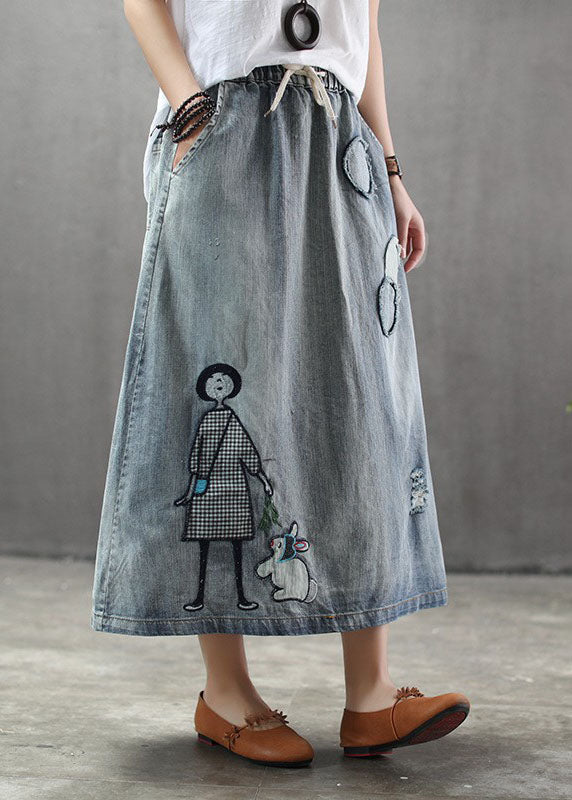 Dames Denim Rok met Elastische Taille en Geborduurde Details 2