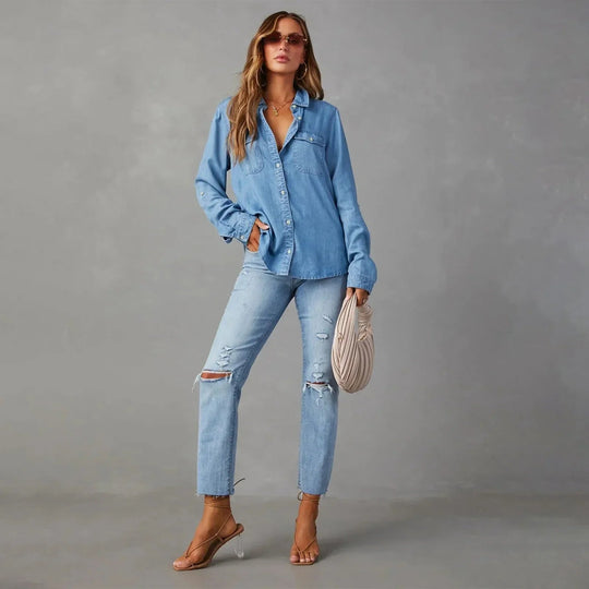 Dames Denim Shirt Lange Mouwen Chique Stijl 4