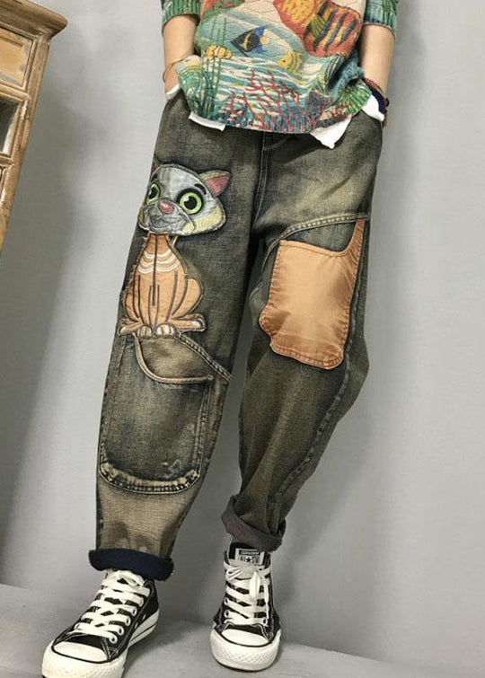 Dames Harem Jeans met Cat Borduursel en Patchwork Casual Style 3