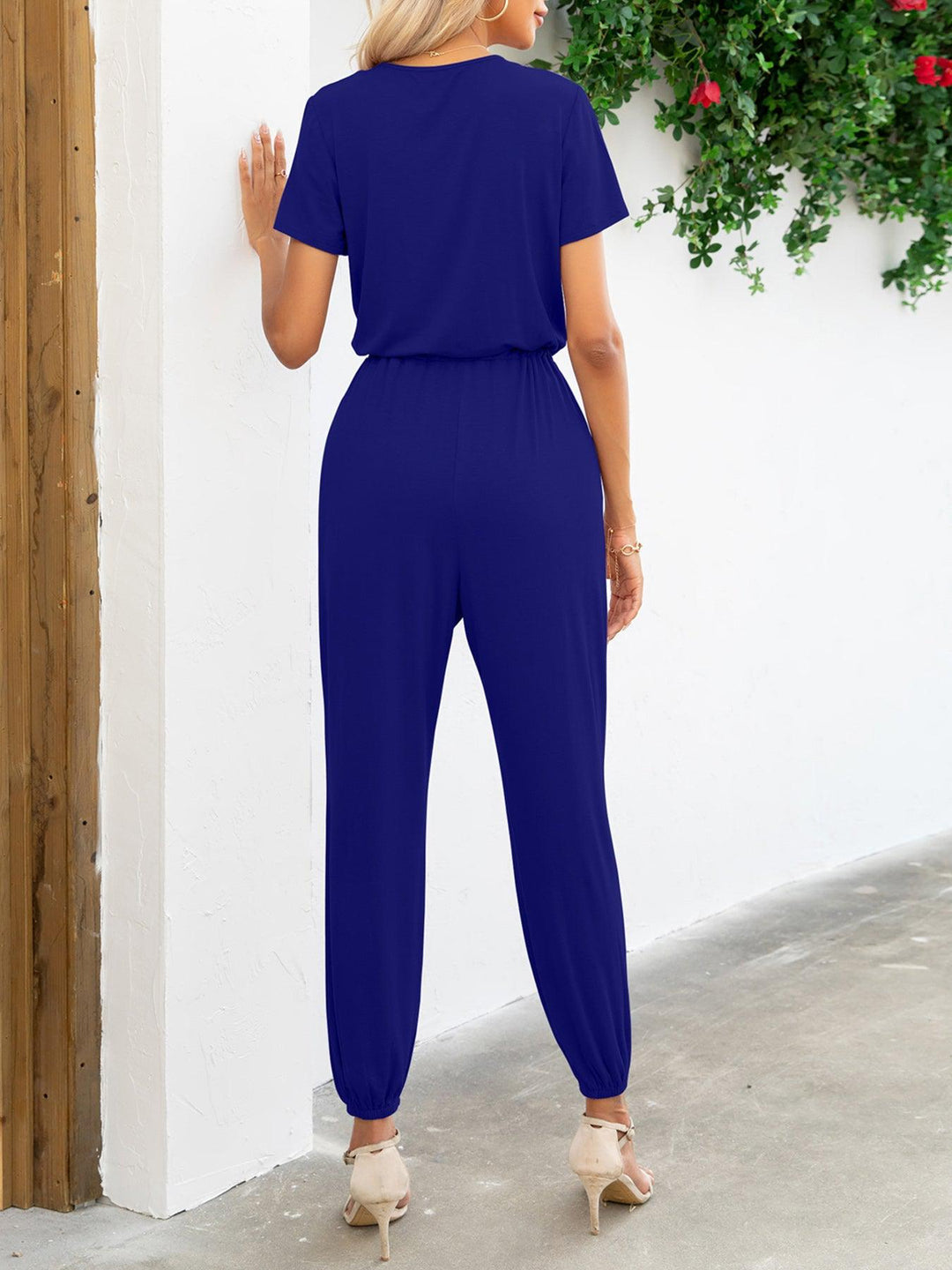 Dames Jumpsuit met Korte Mouwen V-Hals en Zakjes 8