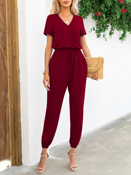 Dames Jumpsuit met Korte Mouwen V-Hals en Zakjes 9