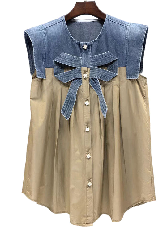 Dames Kaki Denim Top met Strik en Patchwork 0