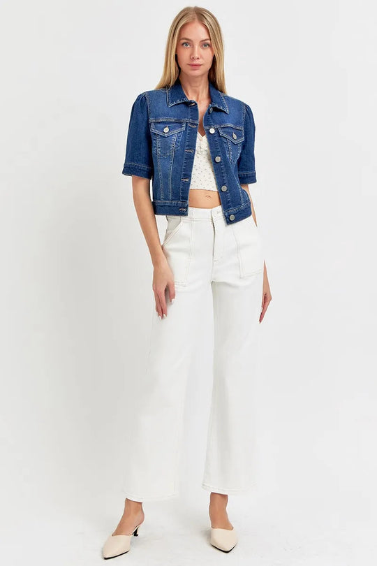 Dames Korte Mouw Crop Denim Jacket Met Pofmouwen 5