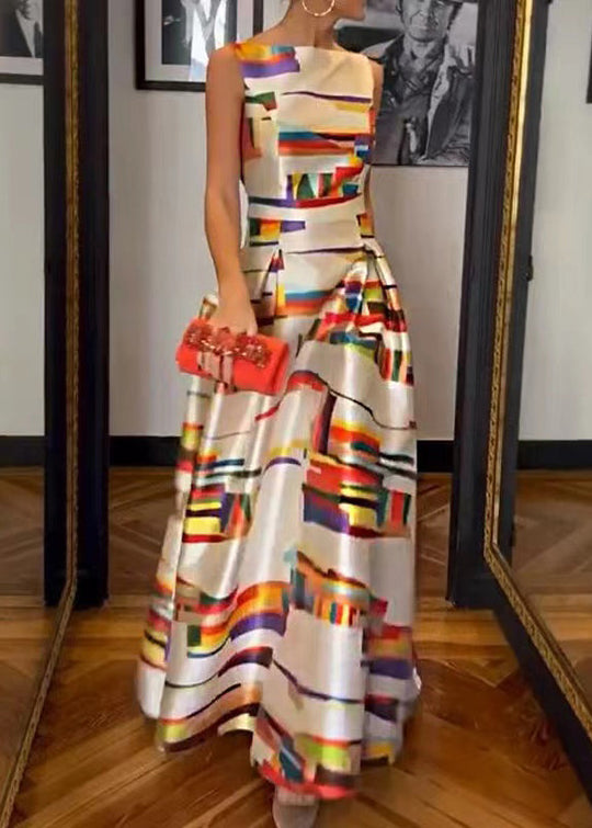 Dames Lange Jurk Met Hoge Taille en Witte Print 3