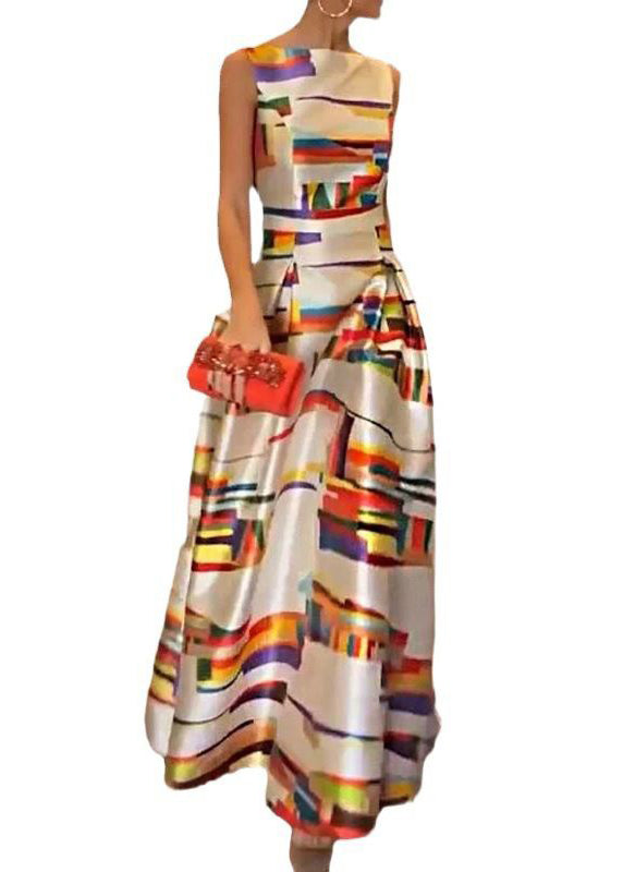 Dames Lange Jurk Met Hoge Taille en Witte Print 4