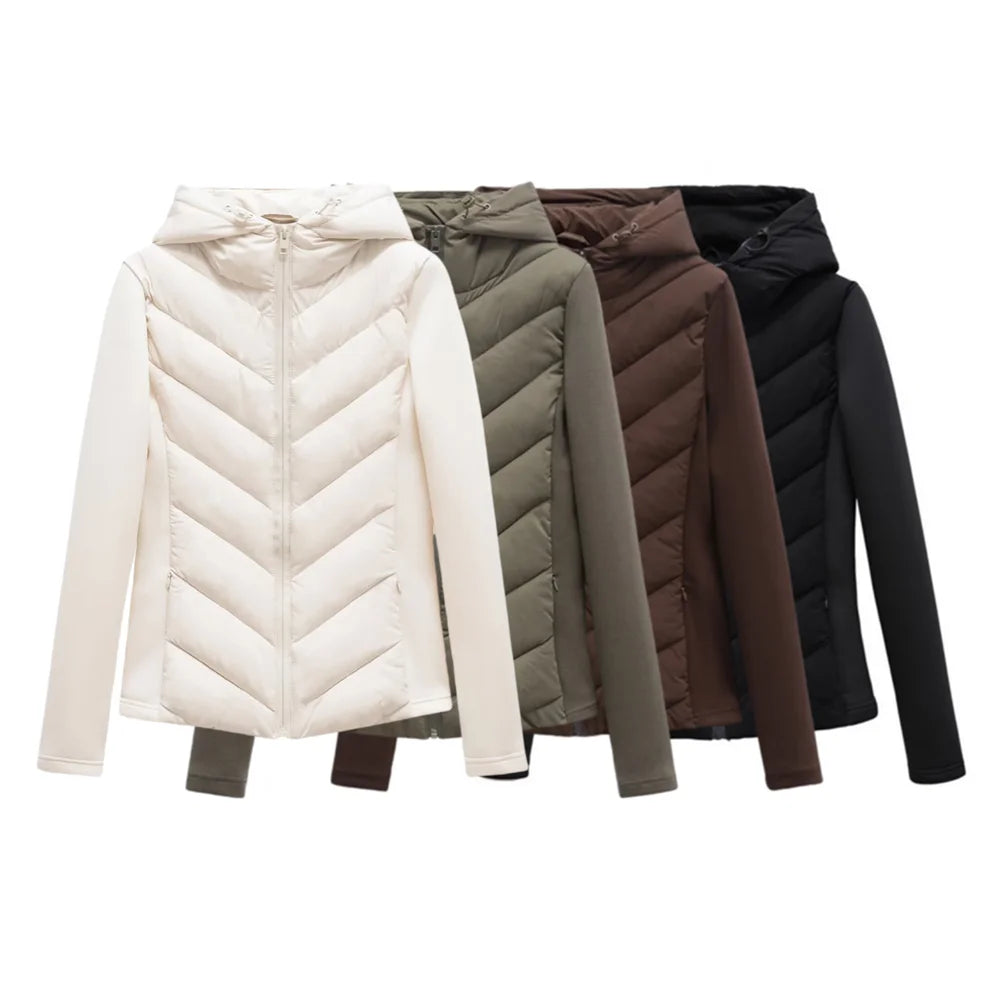 Dames Lange Winterjas Met Capuchon Gewatteerd Herringbone Design 0