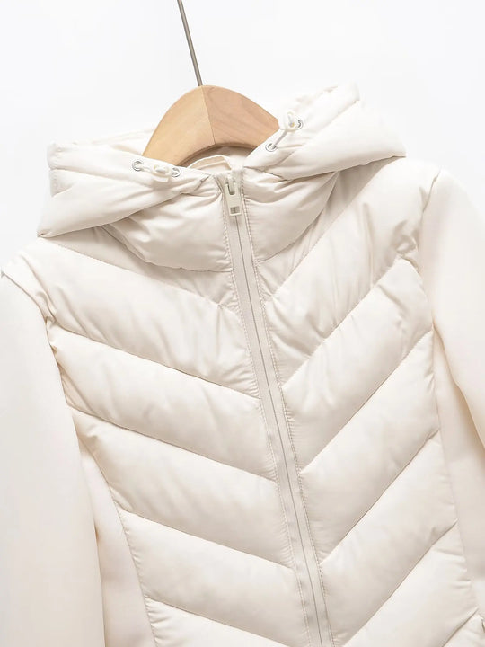 Dames Lange Winterjas Met Capuchon Gewatteerd Herringbone Design 2