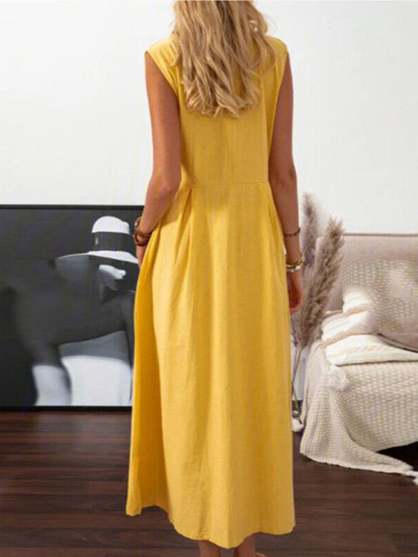 Dames Mid-Length Jurk Met Lape Collar Van Katoen En Linnen 1