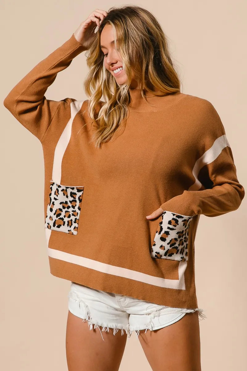 Dames Mock Neck Trui met Luipaardprint Zak 1