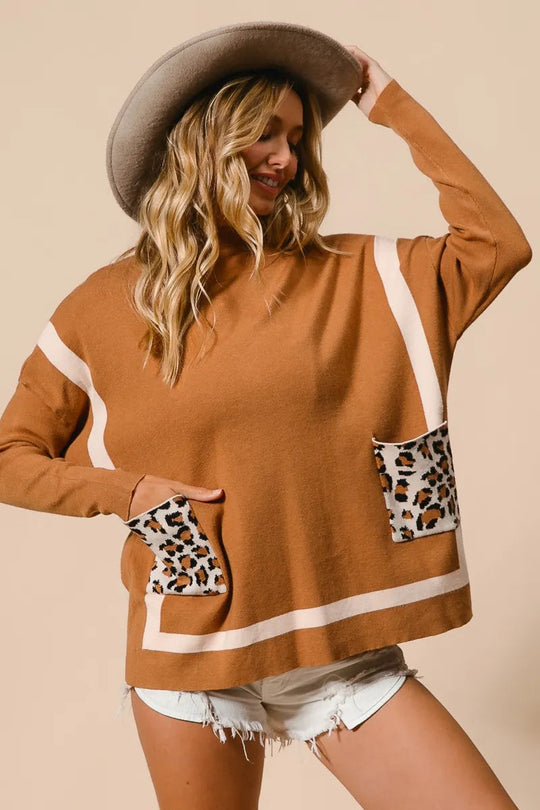 Dames Mock Neck Trui met Luipaardprint Zak 4