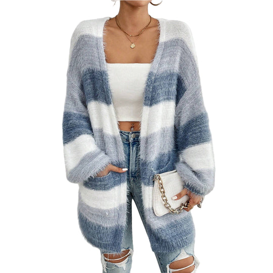 Dames Oversized Cardigan Met Gestreept Design, Open Voorkant, Comfortabel voor Casual Outfits 0