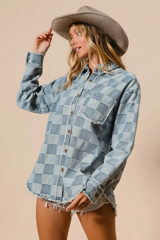 Dames Oversized Denim Blouse met Gerafelde Randen 6