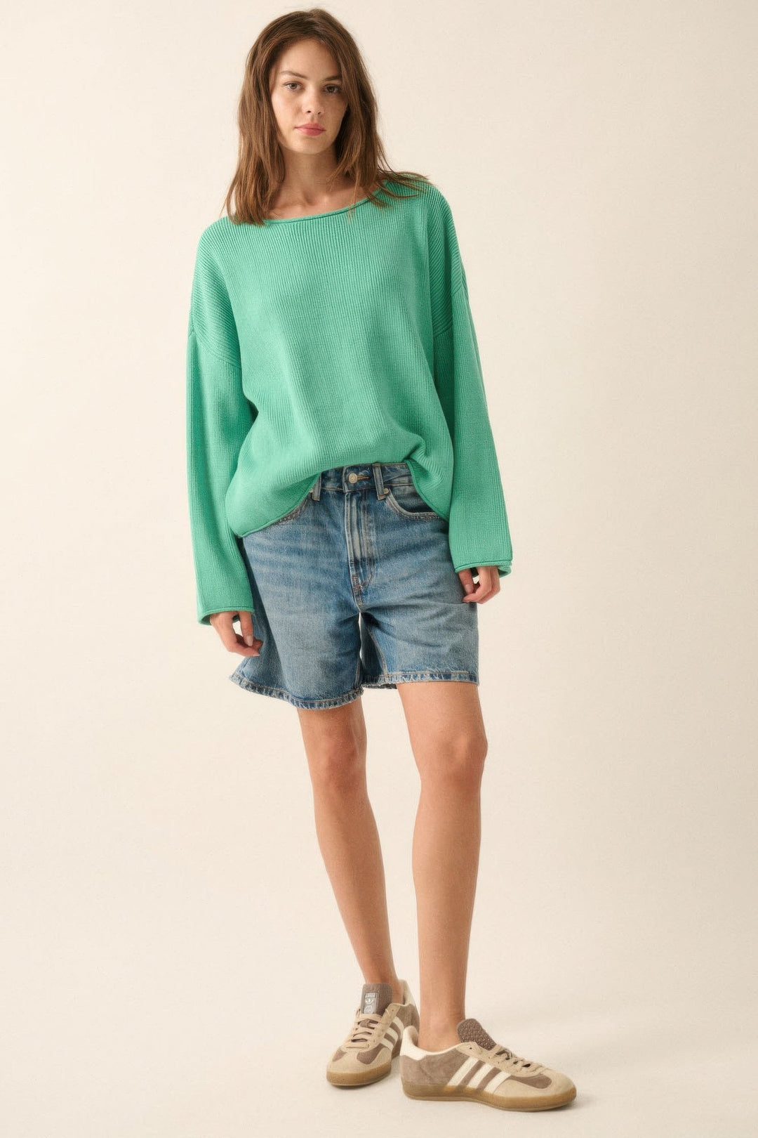 Dames Oversized Trui Ribgebreid Boothals 1