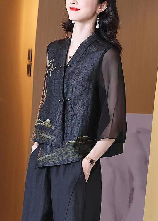 Dames Retro V-hals Patchwork Jas met Chinese Knopen 2