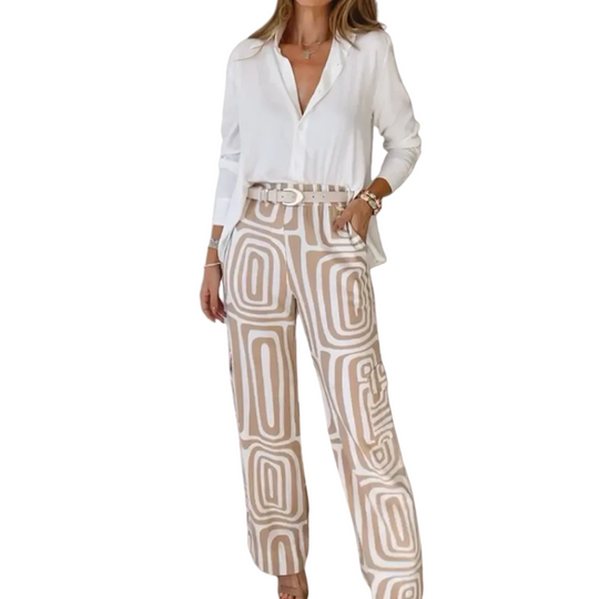 Dames Set Met Witte Blouse en Geometrisch Geprinte Broek 0