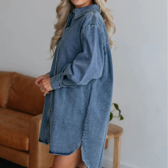Dames Shirtjurk Met Lange Mouwen Denim Casual Style 3