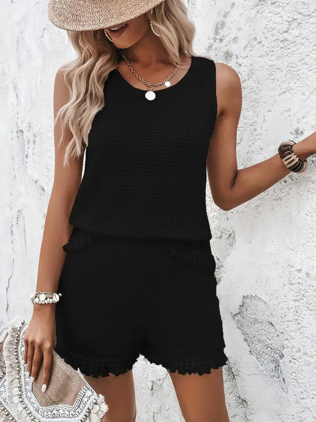 Dames Tweedelige Set Ronde Hals Comfortabele Polyester Tanktop en Shorts 8