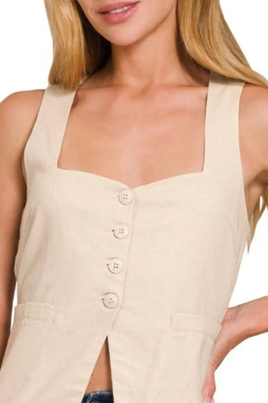Dames Vest Met 4 Knopen En Tie-Back Van Linnen 1