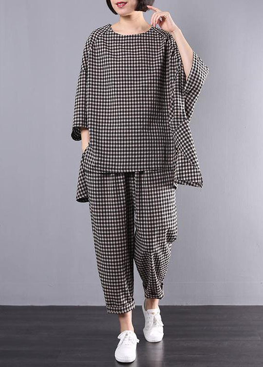 Dames Vintage Blouse en Broek Set met Geruit Patroon 2