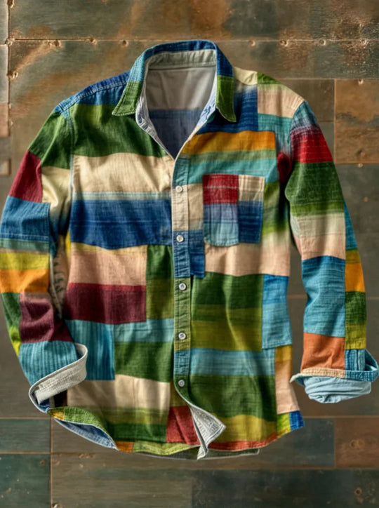 Heren Lange Mouwen Patchwork Overhemd met Knopen 3