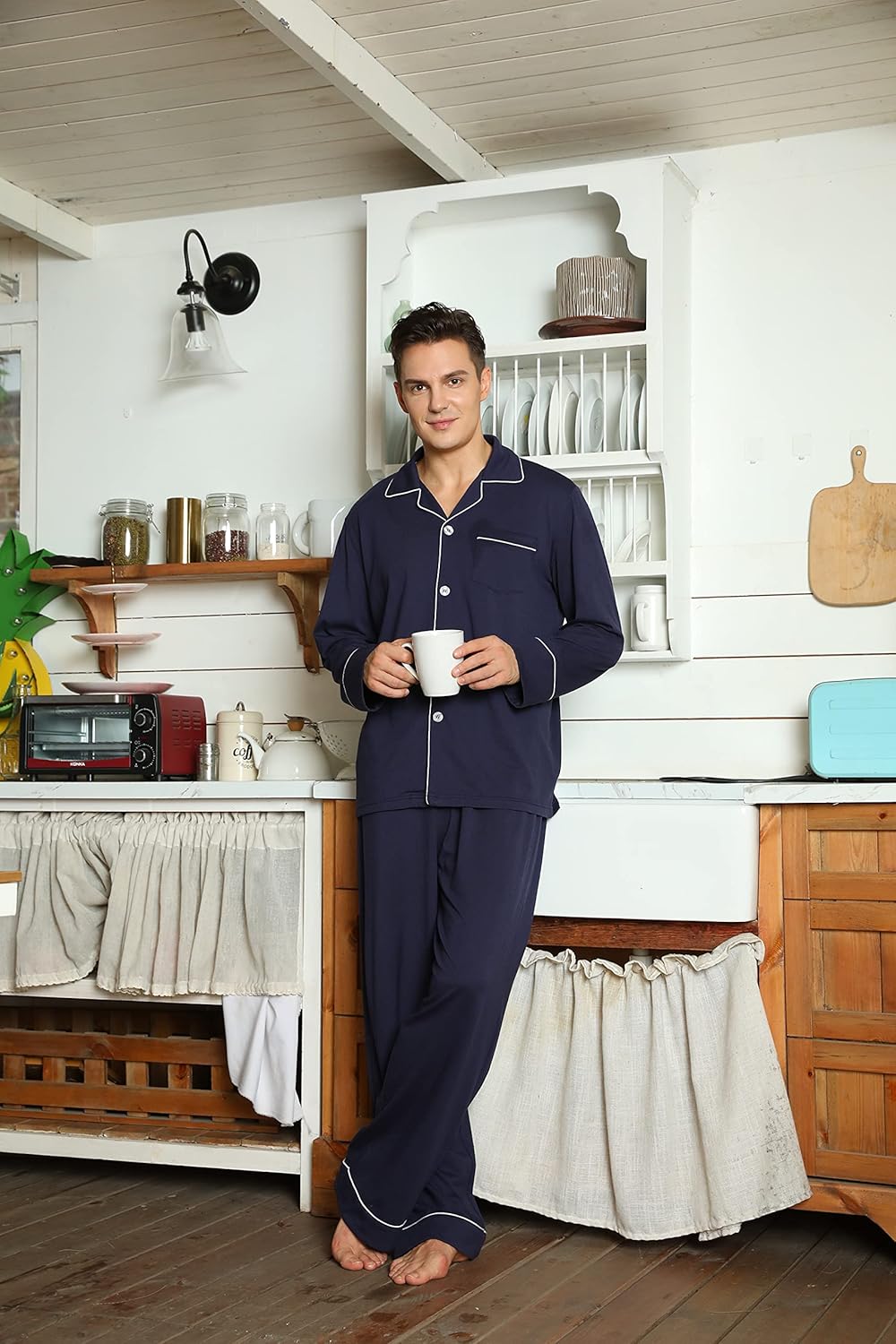 Heren Pyjama Set Lange Mouwen Klassiek Met Zijzakken 2