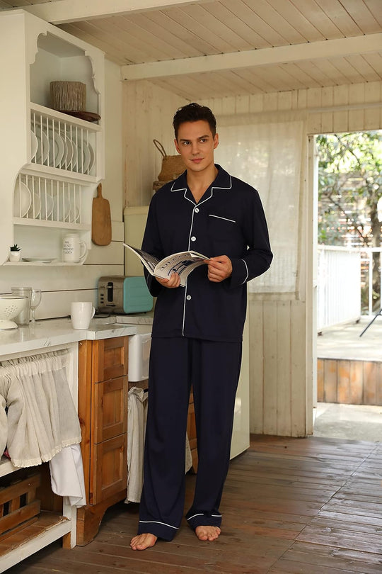 Heren Pyjama Set Lange Mouwen Klassiek Met Zijzakken 4
