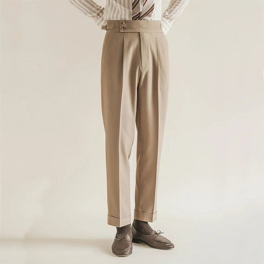 Heren Tailored Broek Hoog Taille Geplooide Voorkant 0