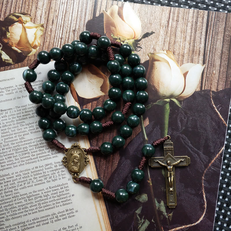 Heren en Dames Rozenkrans Ketting met Medaille en Mosagaat Design 4