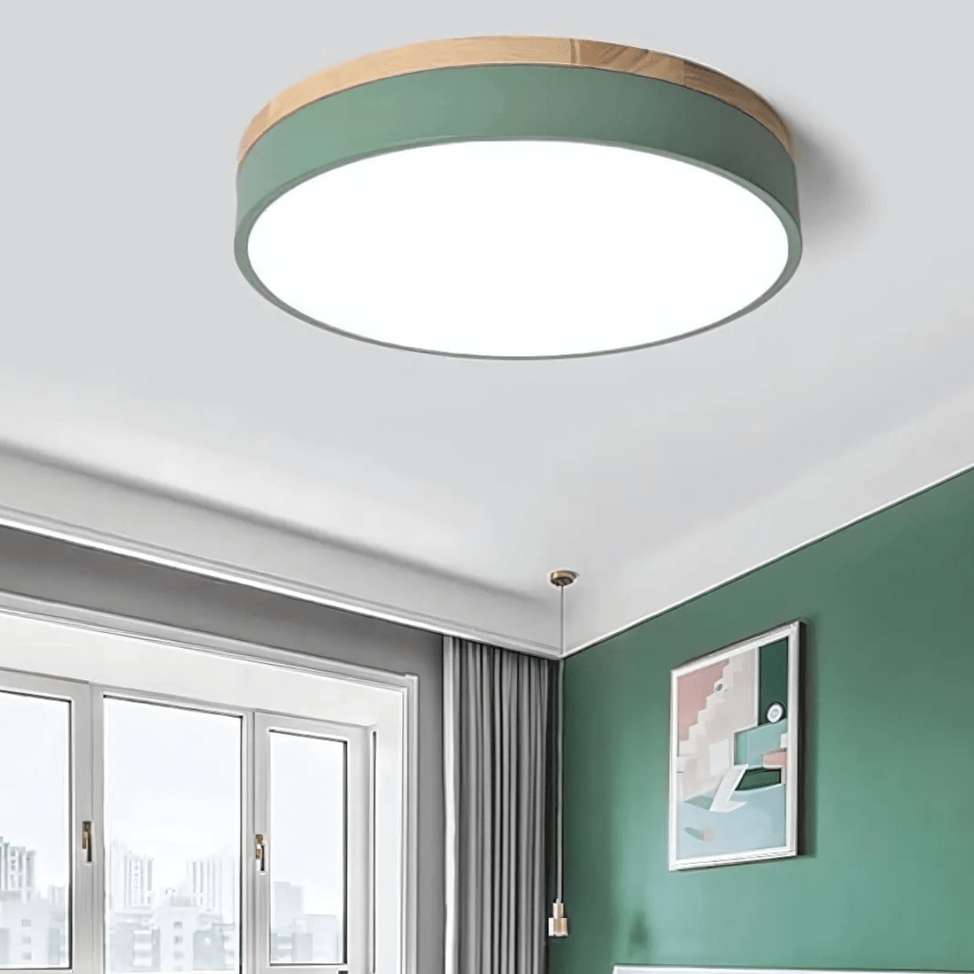 LED Plafondlamp met Natuurlijke Houtnerf en Groen Accent 2