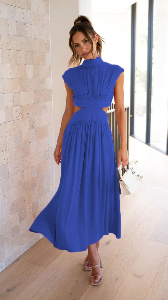 Dames Maxi Jurk met Mock Hals en Vloeiende Stof voor Zomerstijl