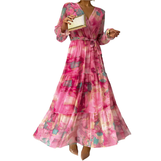 Vrouwen Maxi Jurk Bloemenprint Elegante V-hals 0