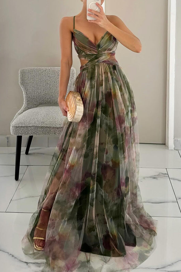 Vrouwen Maxi Jurk Waterverfprint met Kruisband 1