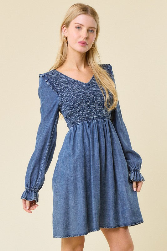 Vrouwen Mini Jurk V-Hals Geraffineerd Denim 1