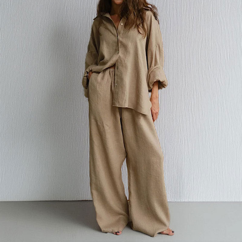 Vrouwen Twee-Piece Set Oversized Linnenmix Met Button-Down Shirt En Wijde Broek 2