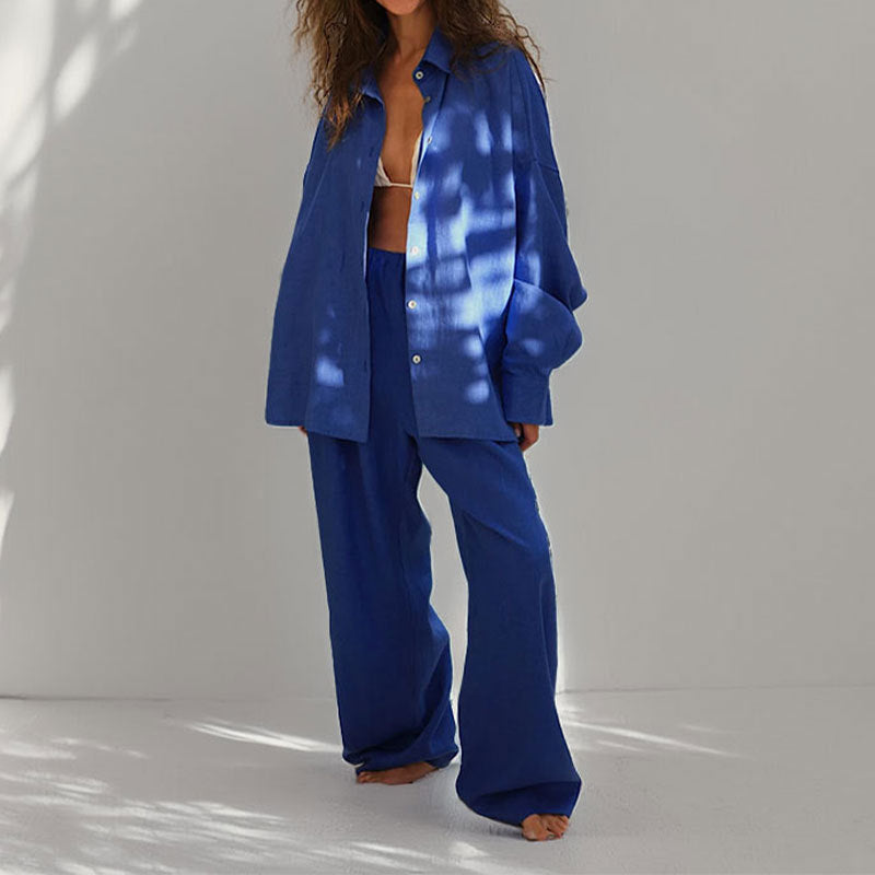 Vrouwen Twee-Piece Set Oversized Linnenmix Met Button-Down Shirt En Wijde Broek 3