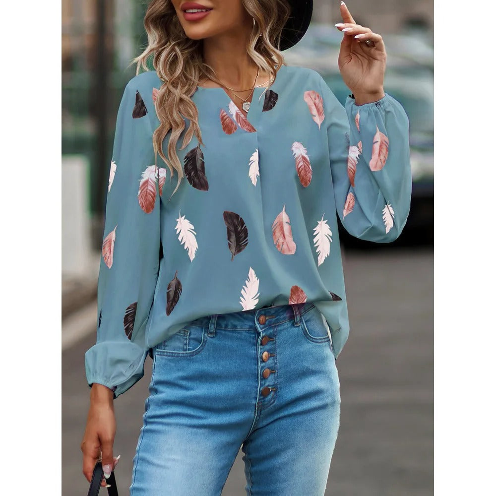 Chiffon blouse met verenpatroon