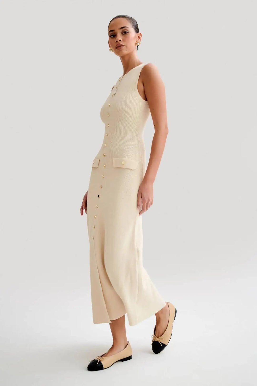 Dames gebreide mouwloze bodycon jurk met knopen
