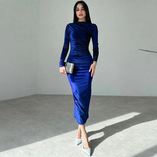 Dames fluwelen midi-jurk met lange mouwen