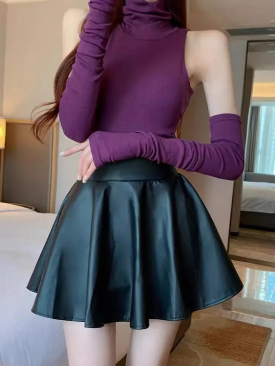 Vintage hoge taille geplooide leren rok
