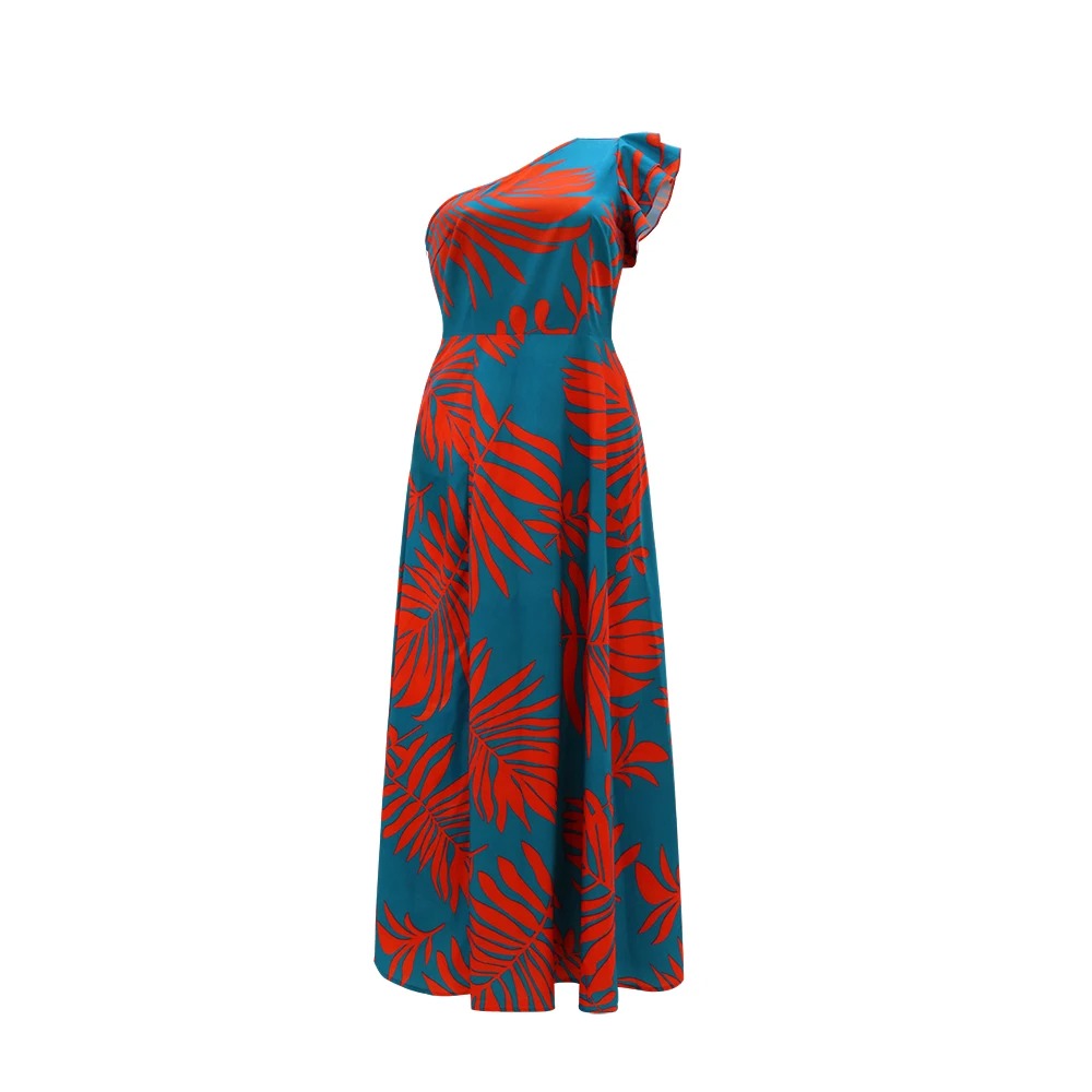 Maxi-jurk met één schouder en tropische print