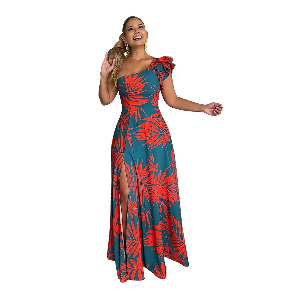 Maxi-jurk met één schouder en tropische print