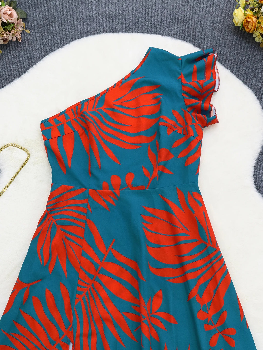 Maxi-jurk met één schouder en tropische print