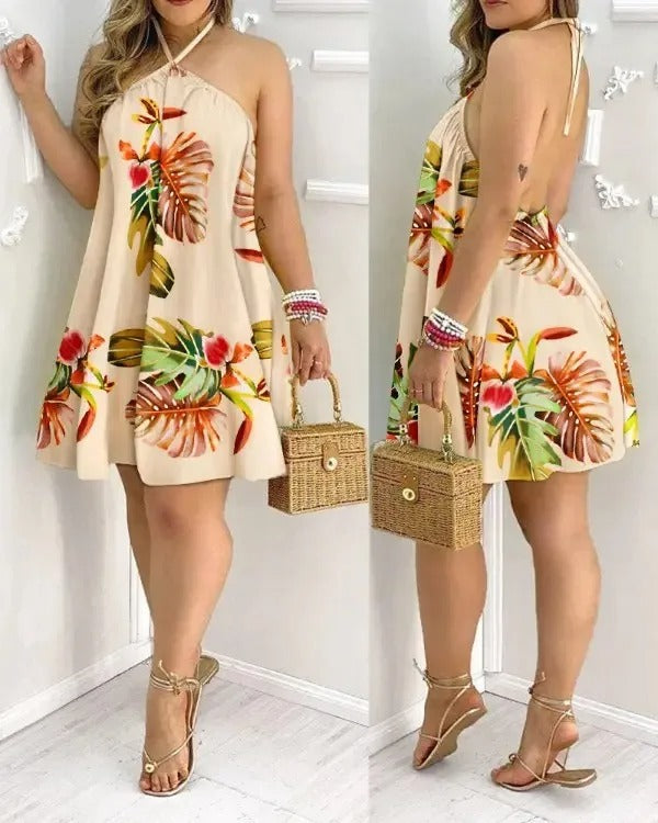 Dames tropische print halter rugloze zomerjurk