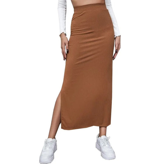 Dames hoge taille geribbelde splitrok
