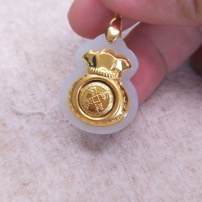 Natural Hetian White Jade Fu Bag Pendant Fashion Inlay 24K Gold Lady Lucky Jewelry Necklace Pendant Gift Free Box Certificate Belleza